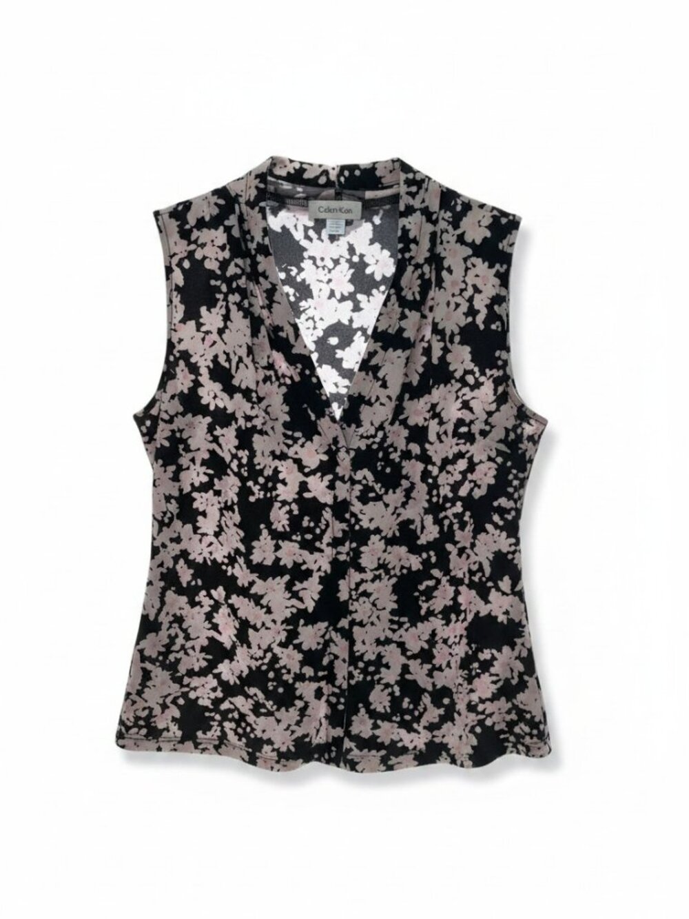 Calvin Klein Black Sleeveless V-Neck Top with Light Pink Floral Print Medium